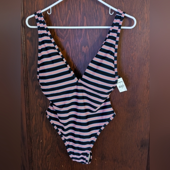 New With Tags Express Red, Black, Blue Stripe Deep V And Back Swimsuit Size Sm - Picture 1 of 6